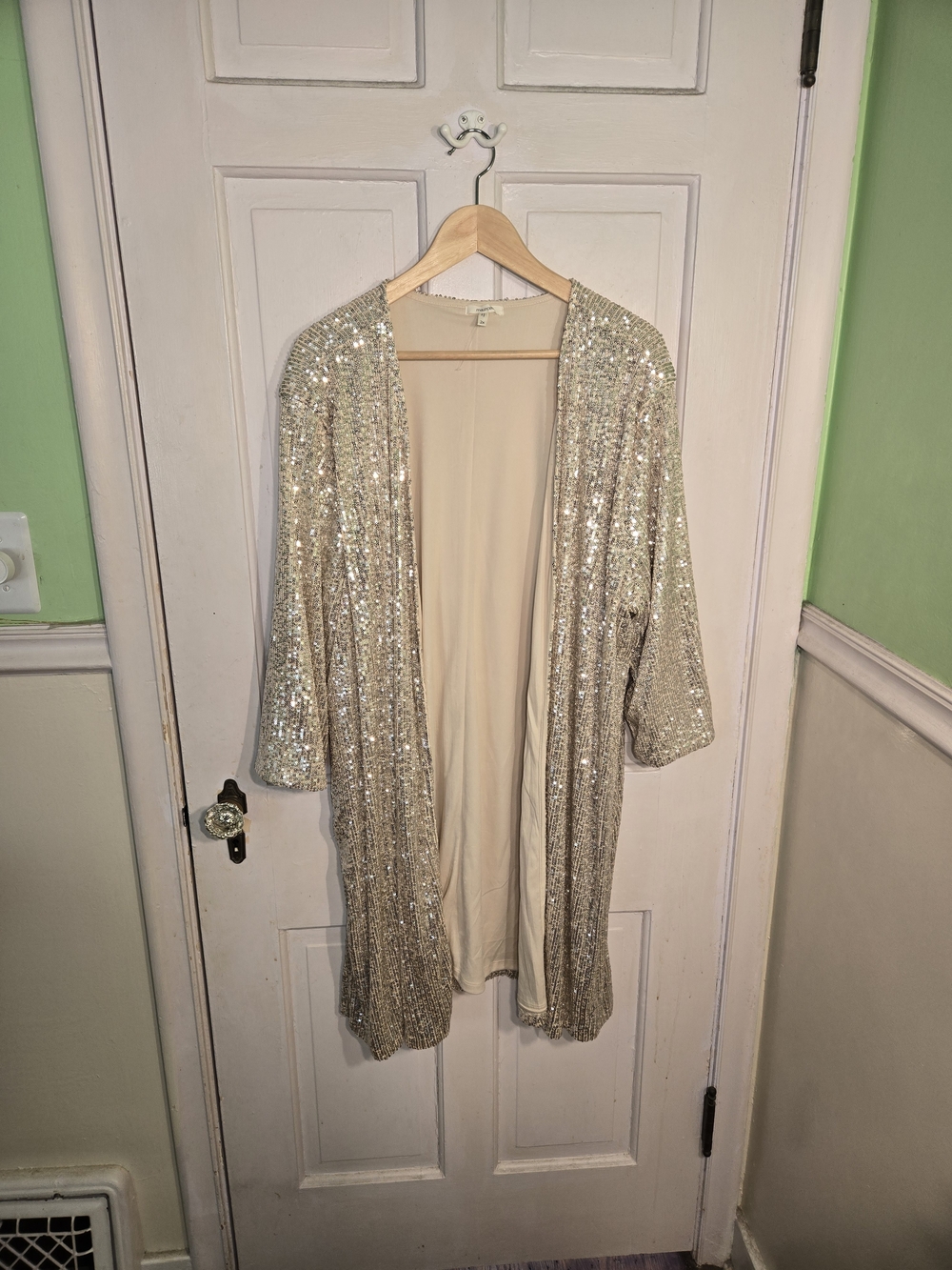Maurices Sequined Open Front Duster Jacket in Light Gold Size 2X